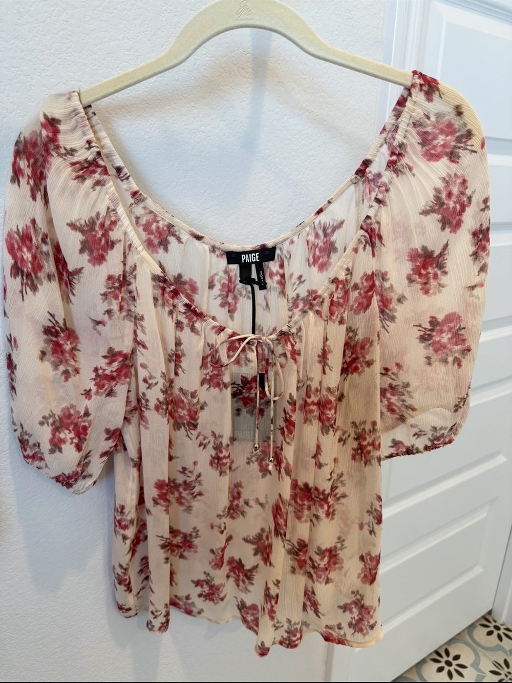 PAIGE Cream Blouse with Red Floral Print and Tie Neck